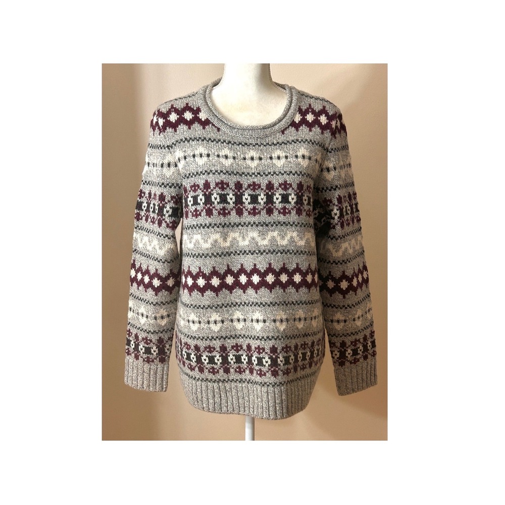 LL Bean Sweater 100% Lambswool L Gray Burgundy Fair Isle Excellent Cabin Core